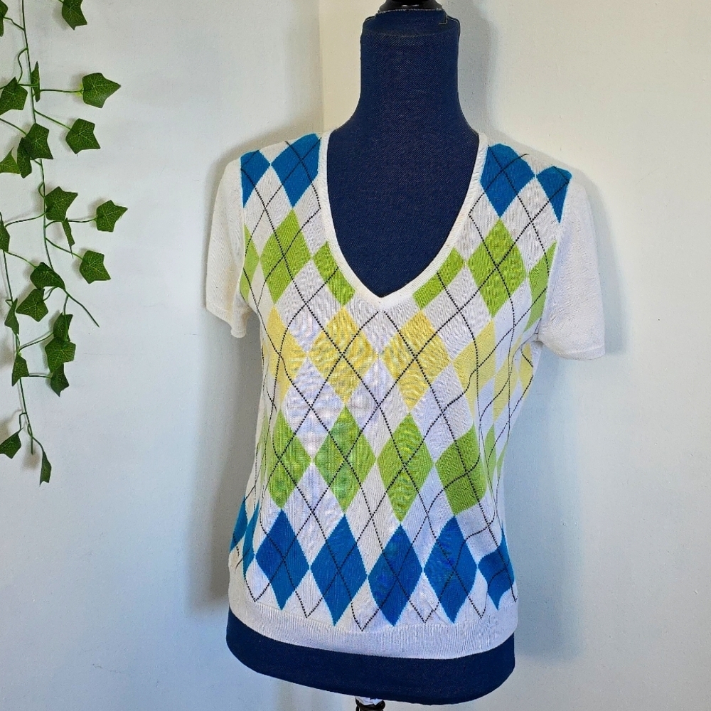 Requirements Shirt Sleeve Argyle Sweater V Neck